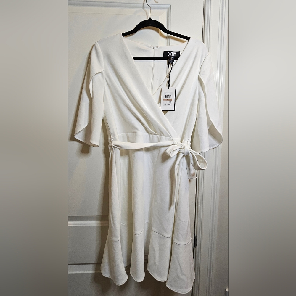 DKNY Ivory Wrap Dress with Tie Waist